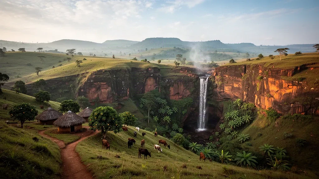 Green highland cliffs and a cascading waterfall in Guinea's Fouta Djallon region, with thatched huts and grazing cattle under warm light