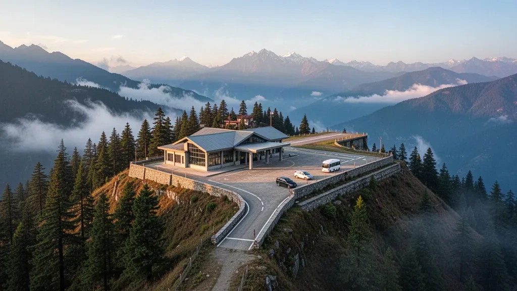 Terminal del aeropuerto de Shimla en la cima de una colina del Himalaya cubierta de pinos cerca de Jubbarhatti, con nubes brumosas en el valle y crestas montañosas superpuestas a la hora dorada