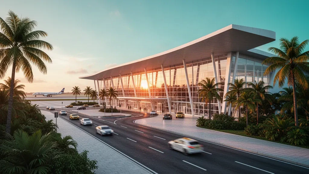 Terminal moderna de vidrio del Aeropuerto Internacional Marechal Cunha Machado en São Luís durante la hora dorada, con palmeras y carriles de descenso de pasajeros