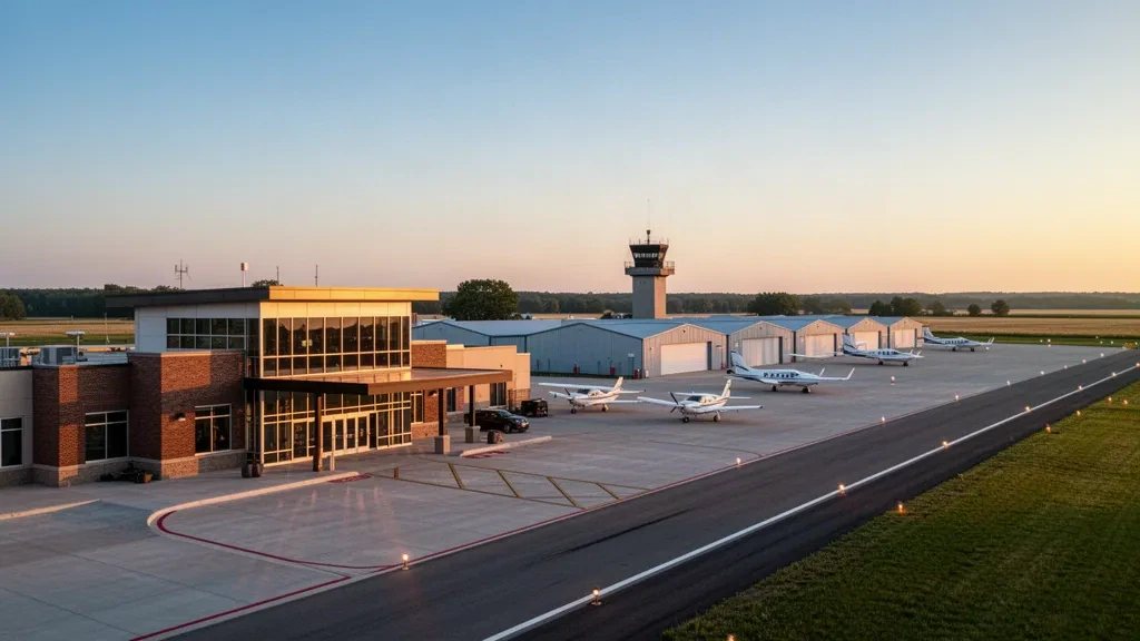 Aeropuerto Smith Field en Fort Wayne, Indiana, mostrando su terminal de baja altura, hangares y aviones ligeros en la plataforma durante la hora dorada