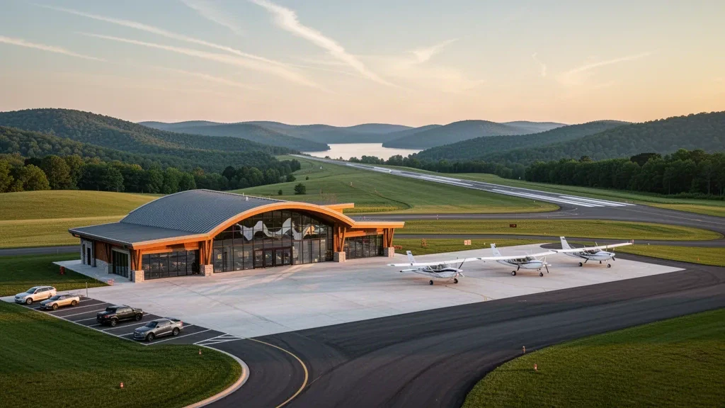 Niedriges modernes Terminal und Vorfeld der allgemeinen Luftfahrt am Lake Cumberland Regional Airport in Somerset, Kentucky, im warmen Licht der goldenen Stunde
