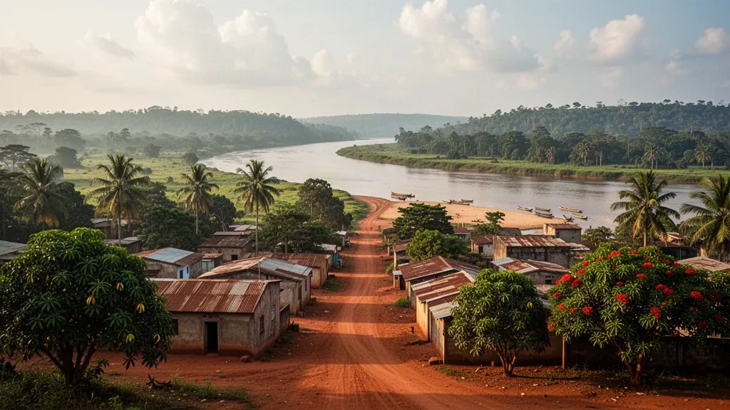 Erhöhte Ansicht von Madingou im kongolesischen Departement Bouenza mit roten Lateritstraßen, Palmen und dem breiten Bouenza-Fluss im warmen Nachmittagslicht