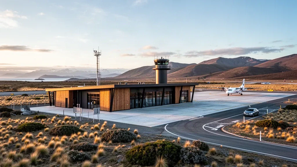 Moderno terminal di piccole dimensioni e torre di controllo all'Aeroporto Franco Bianco nella Patagonia cilena durante l'ora d'oro, immersi in una prateria battuta dal vento e basse colline