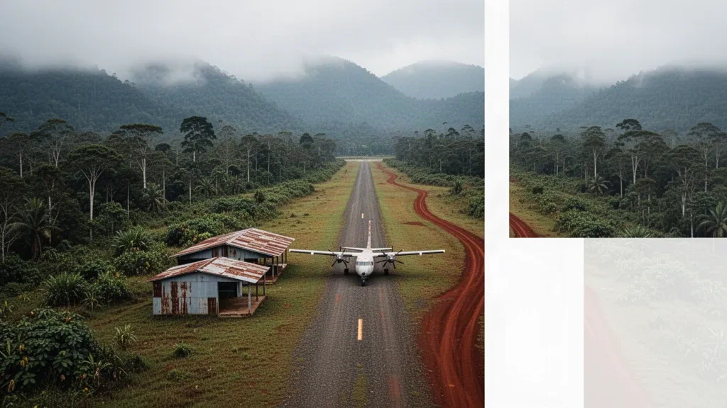 Abgelegene Start- und Landebahn des Flughafens Sapmanga in der Provinz Morobe, Papua-Neuguinea, mit einem kleinen Turboprop-Flugzeug neben nebligen Hochgebirgsbergen