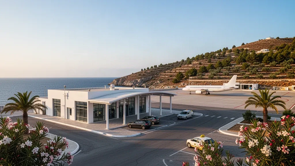 Yunanistan'daki Samos Uluslararası Havalimanı'nda altın saatlerde kıyı tepeleri, palmiye ağaçları ve sakin bir indirme şeridi ile modern terminal dış cephesi