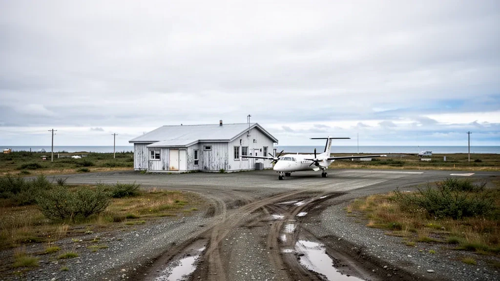 Gravel runway and small unmarked terminal building at St. Michael Airport in remote western Alaska under an overcast sky