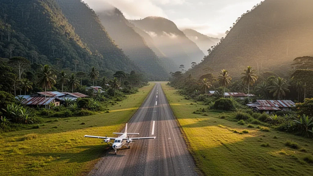 Pista de aterrizaje de césped del aeropuerto de Simbai en las tierras altas de Papúa Nueva Guinea, enmarcada por montañas cubiertas de selva tropical en una suave niebla matutina