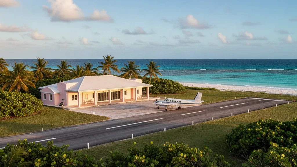 Terminal et piste d'atterrissage sur une île tropicale à l'aéroport de Stella Maris aux Bahamas, encadrés de palmiers avec une eau turquoise au-delà de la piste