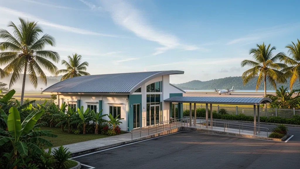 Exterior de la terminal tropical del aeropuerto de Semporna en Sabah, Malasia, rodeada de palmeras y con luz matinal cerca de la costa