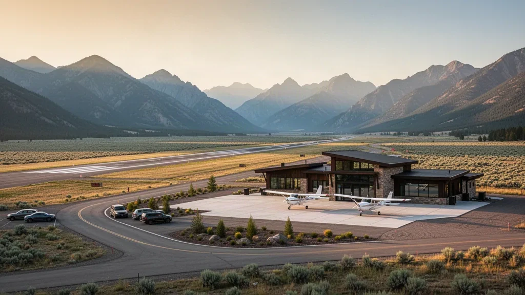 Vista del Aeropuerto del Condado de Lemhi cerca de Salmon, Idaho, durante la hora dorada, con una pequeña pista y un valle montañoso de fondo.