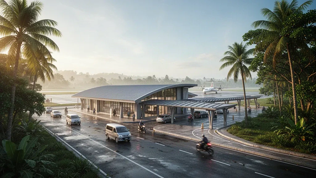 Terminal tropical moderna y zona de desembarque en el aeropuerto H. Asan en Sampit, Kalimantan Central, a la hora dorada
