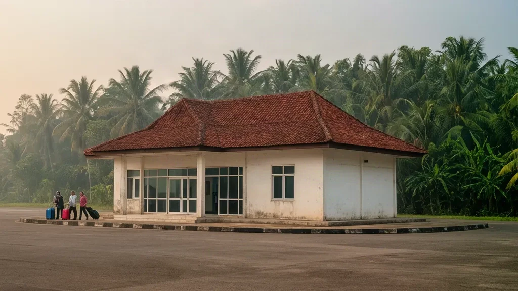 Terminal tropical de una sola planta en el aeropuerto H. Asan en Sampit, Kalimantan Central, rodeada de palmeras y una zona de desembarque de pasajeros