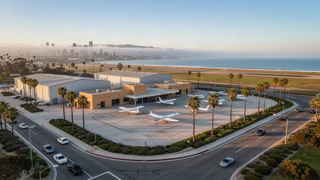 Terminal, tarmac et avions légers de l'aéroport municipal de Santa Monica à l'heure dorée avec des palmiers et la brume côtière de Californie