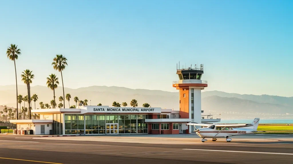 Piccolo terminal di aviazione generale e torre di controllo dell'aeroporto municipale di Santa Monica sotto un cielo californiano limpido.