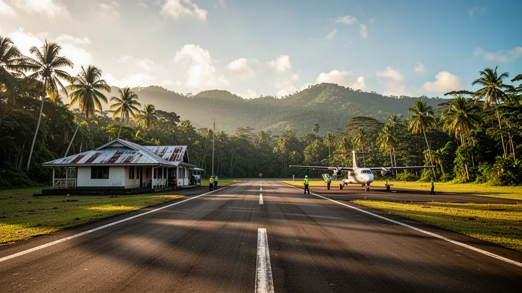 Piccola pista di atterraggio tropicale presso l'aeroporto di Stockholm in Papua Nuova Guinea con un aereo leggero parcheggiato accanto a un edificio terminal basso e ai margini della foresta pluviale