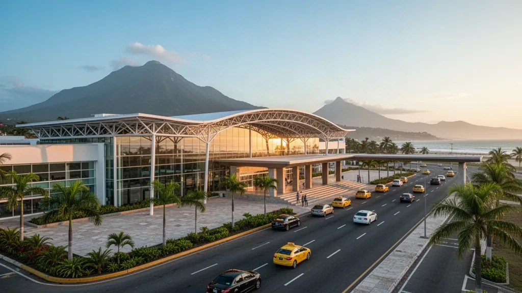 Modern glass terminal exterior at Simón Bolívar International Airport in Santa Marta, framed by palms with Sierra Nevada mountains behind