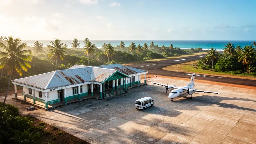 Tropischer Flughafen Sainte Marie in Madagaskar mit weißem Terminal, palmengesäumtem Vorfeld und türkisfarbenem Ozeanlicht zur goldenen Stunde