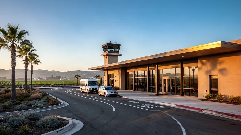 Golden-hour view of the modern terminal, curbside drop-off and control tower at Santa Maria Public Airport on California's Central Coast