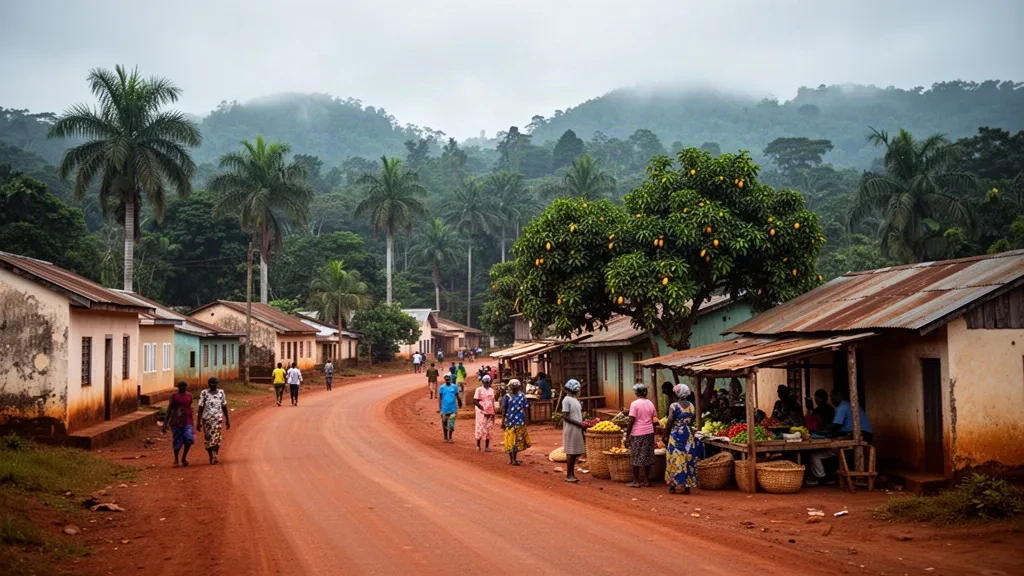 Stadt Sibiti in Lékoumou, Republik Kongo, mit roten Schotterstraßen, tropischem Wald und niedrigen Gebäuden in äquatorialem Licht