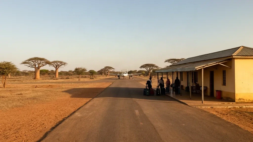 Pequeña terminal regional en el aeropuerto de Simenti, en Senegal, con un avión de hélice estacionado y un paisaje de sabana seca bajo una cálida luz de tarde.