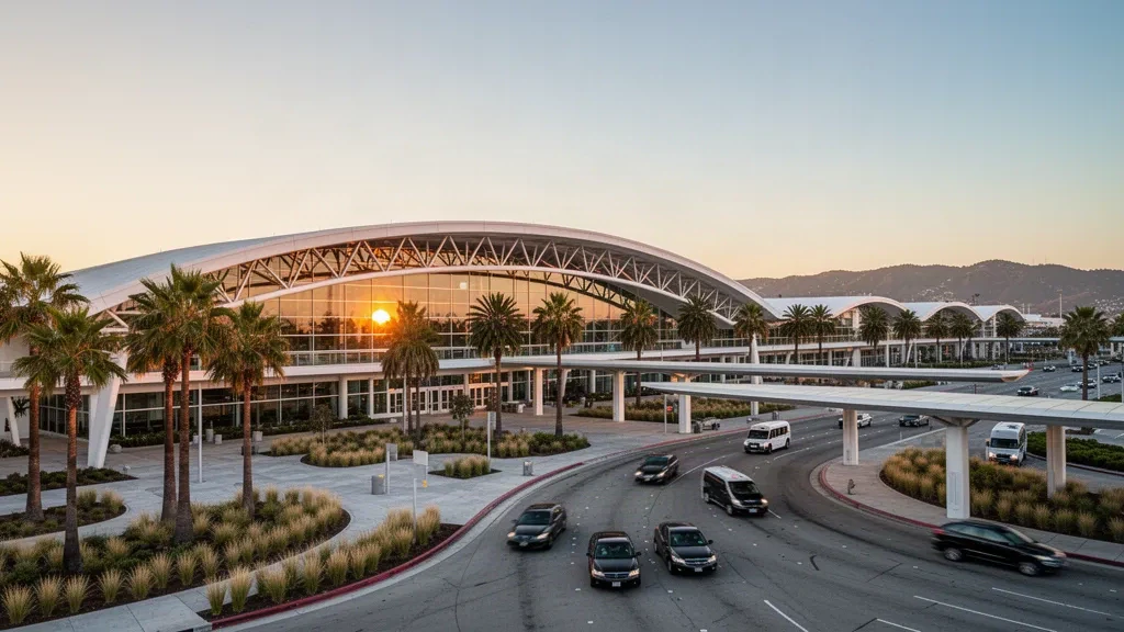 John Wayne Orange County International Airport terminal exterior with white arched roof, glass walls and palm-lined entrance at golden hour.
