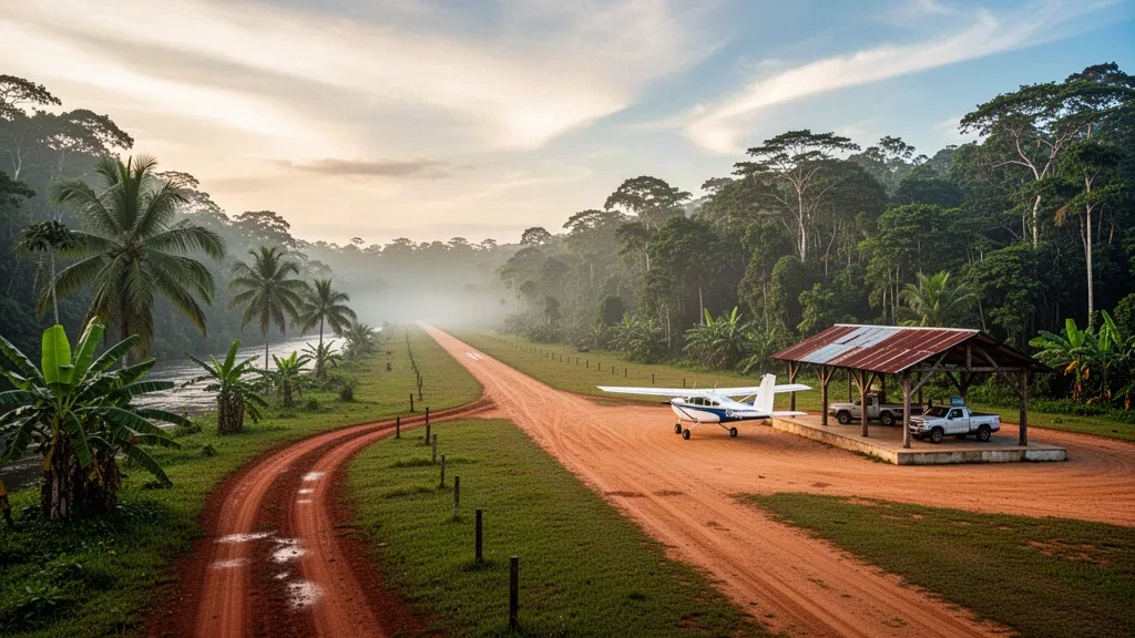 Pista de aterrizaje de césped remota y refugio de madera en el Aeropuerto de Stoelmanseiland rodeados por la selva tropical de Surinam, con una aeronave ligera y una pista de tierra roja