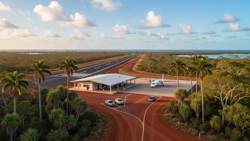 Abgelegene tropische Landebahn und kleines Terminalgebäude am Snake Bay Airport in Milikapiti auf Melville Island, Northern Territory
