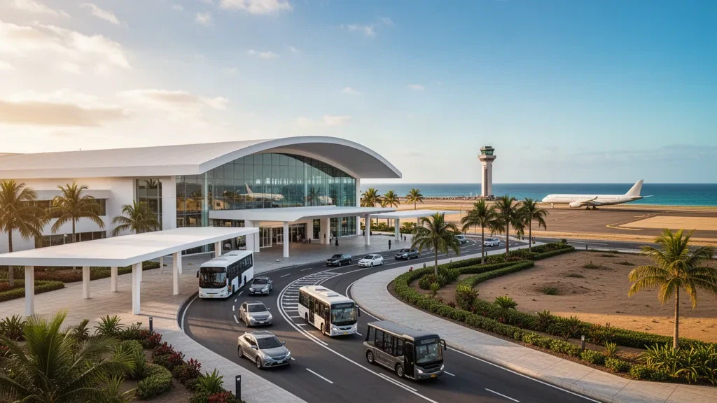 Modern terminal and drop-off area at General Ulpiano Páez International Airport in Salinas, Ecuador, glowing at golden hour.