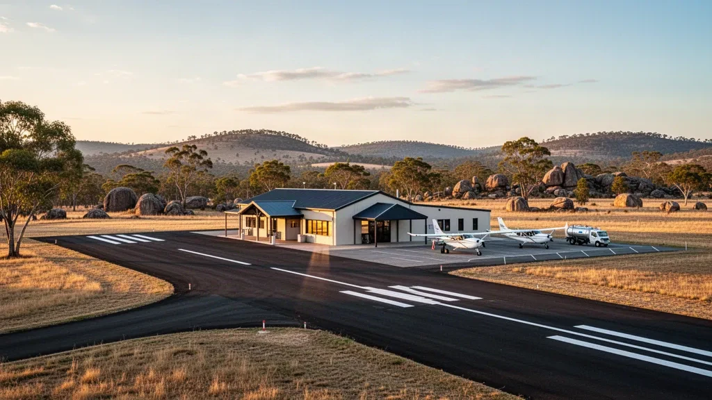 Small regional airport terminal, apron and light aircraft beside the runway at Stanthorpe Airport in Queensland's Granite Belt at golden hour