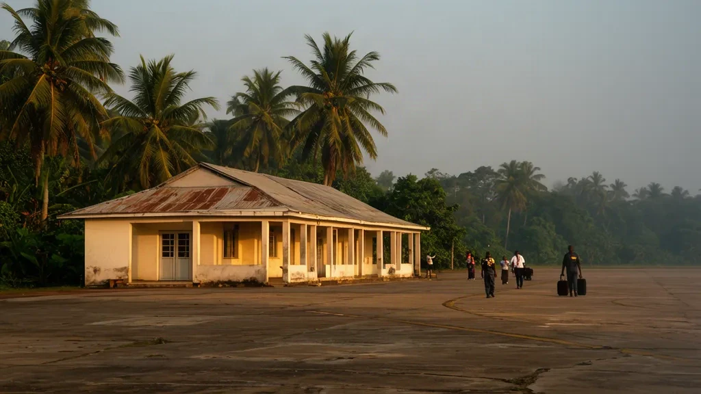 Small tropical terminal building at Greenville/Sinoe Airport in Liberia, framed by palm trees in warm late afternoon light