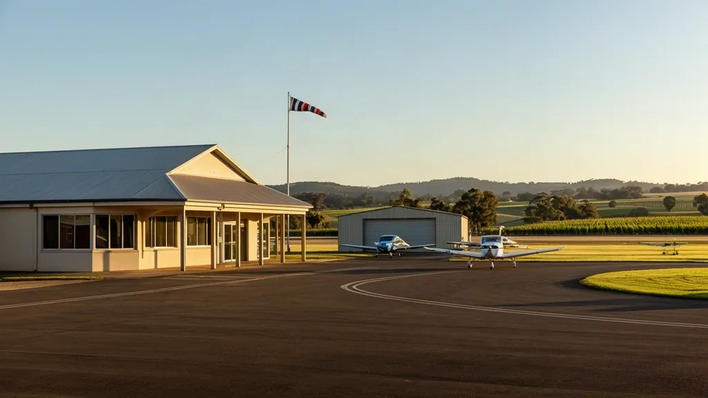 Kleines regionales Terminal und geparkte Leichtflugzeuge auf dem Vorfeld des Flughafens Stanthorpe im Granite Belt in Queensland