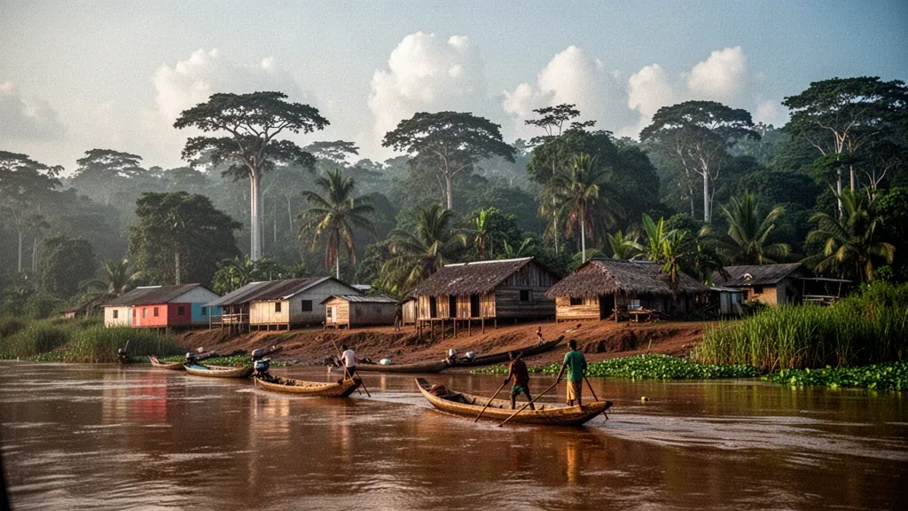 Pirogues en bois le long de la rive de l'Oubangui à Impfondo, Likouala, République du Congo, encadrées par la forêt tropicale dense du bassin du Congo