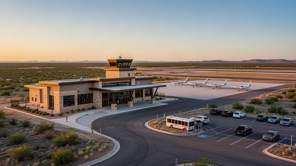 Terminal y plataforma del aeropuerto Winston Field SNK en Snyder, Texas, a la hora dorada con aviones estacionados y caminos de acceso despejados