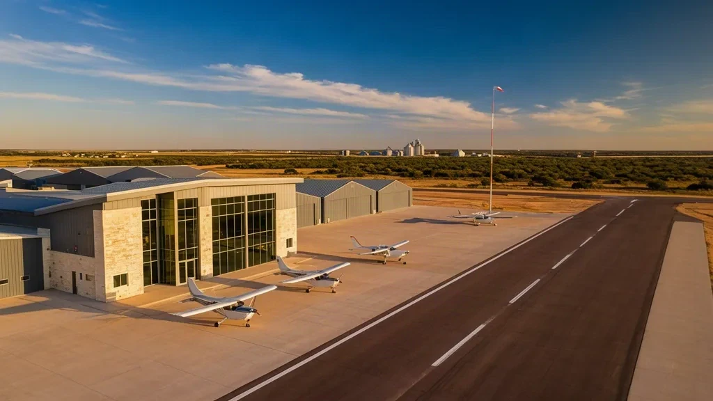 Snyder, Texas'taki Winston Field havalimanında küçük genel havacılık terminali, hangarlar ve apronda park etmiş hafif uçaklar