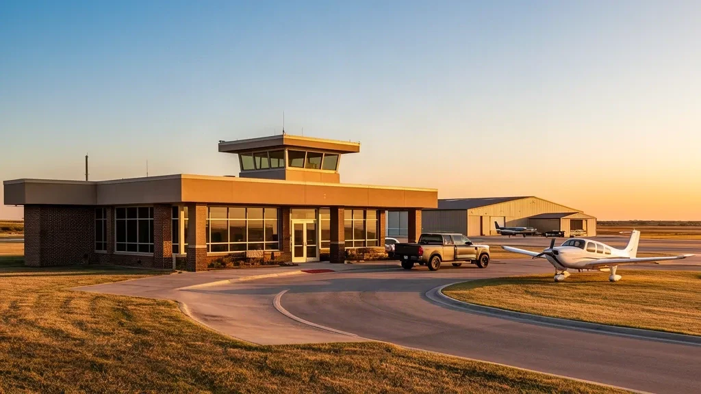 Exterior de la terminal del Aeropuerto Regional de Shawnee SNL con aeronaves estacionadas y el cielo abierto de Oklahoma