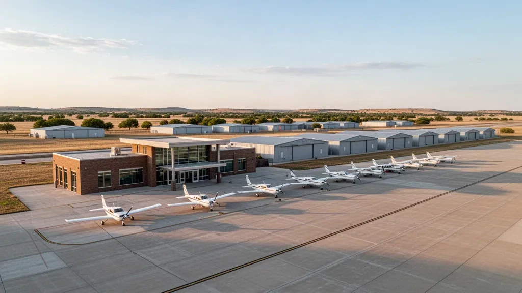 Oklahoma'daki Shawnee Regional Havaalanı'nın altın saatlerdeki görünümü; alçak terminal binası ve apron üzerinde park etmiş genel havacılık uçakları.
