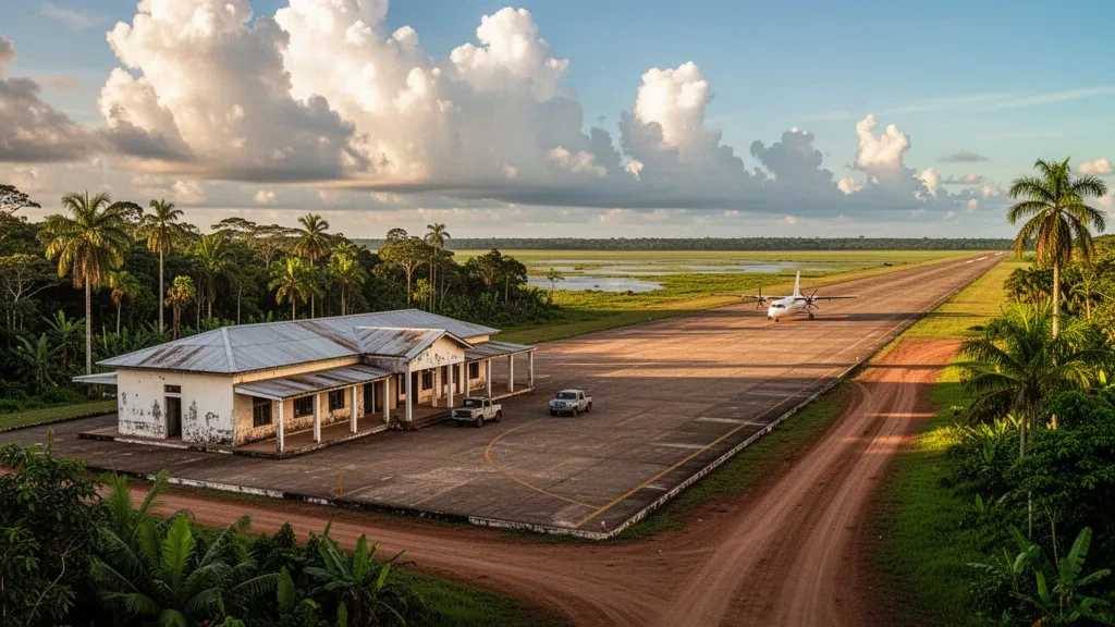 Low tropical terminal building and runway surrounded by Amazon lowland forest at San Ignacio de Moxos airport in Beni, Bolivia