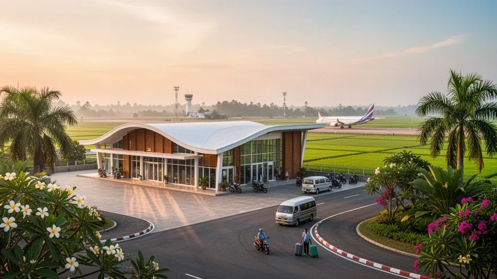 Modern low-rise airport terminal and drop-off lane in Sakon Nakhon, Thailand, framed by tropical greenery in warm golden-hour light.