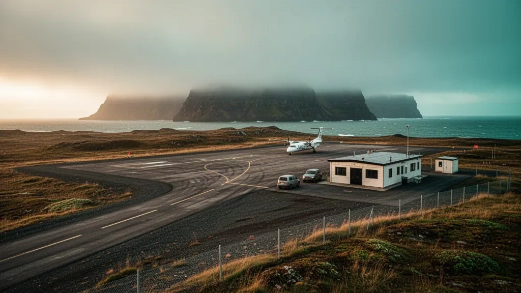 Terminal de aeropuerto remota con una sola pista en la azotada isla de St Paul, Alaska, con tundra, un turbohélice estacionado y niebla del mar de Bering a la hora dorada