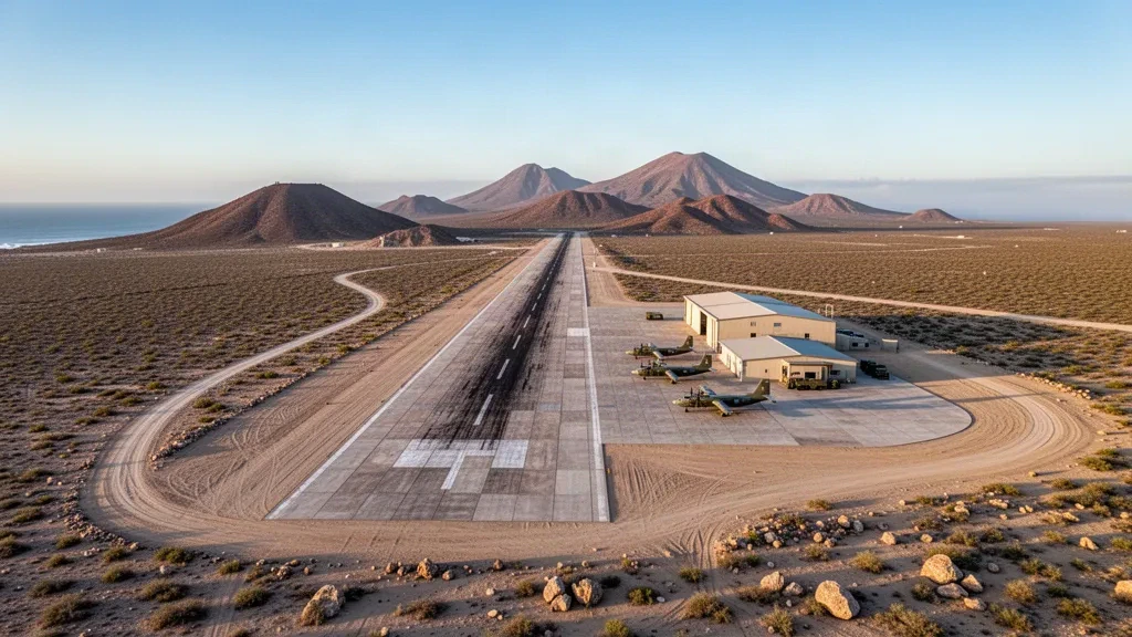 Weite Luftaufnahme der Start- und Landebahn, der Vorfeldhangars und der Wüstenumgebung am San Quintín Militärflugplatz in Baja California, Mexiko