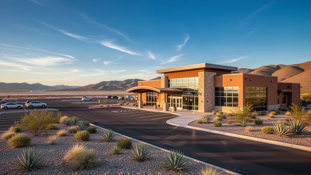 Modern desert terminal and drop-off lanes at Las Cruces International Airport with dry mountain hills at golden hour