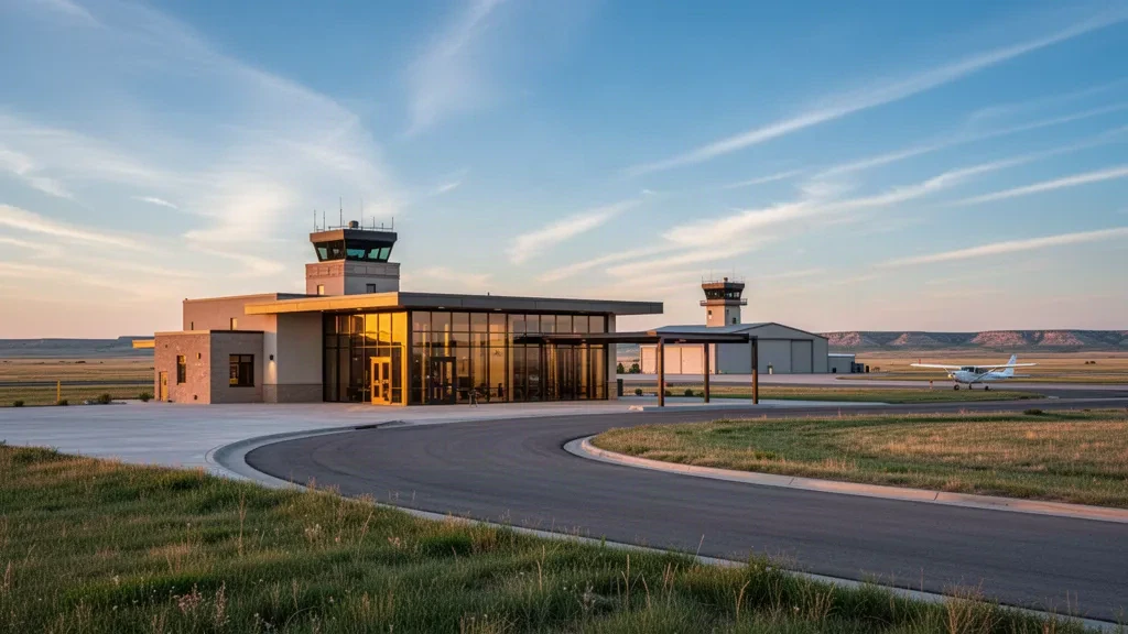 Terminal moderna de cristal y plataforma de aeronaves en el Aeropuerto Municipal de Sidney, Nebraska, bajo amplios cielos de pradera a la hora dorada.