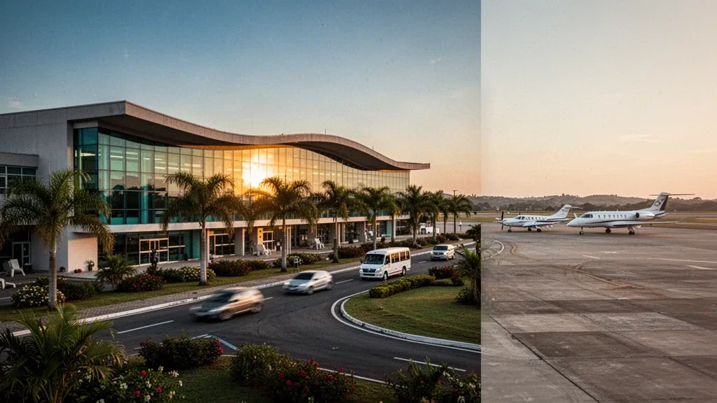 Golden-hour view of Sorocaba Airport's modern glass terminal and drop-off lane in São Paulo, Brazil