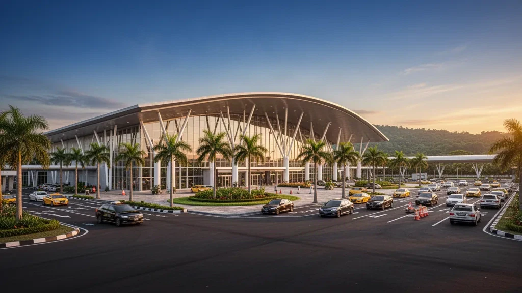 Extérieur moderne du terminal de l'aéroport international Adisoemarmo à Solo, Java central, avec un éclairage à l'heure dorée et des voies de dépose.