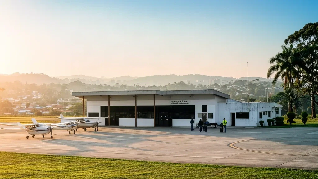 Exterior de la terminal de pasajeros del aeropuerto de Sorocaba SOD en Brasil, con pequeñas aeronaves estacionadas en la plataforma bajo la cálida luz del final de la tarde