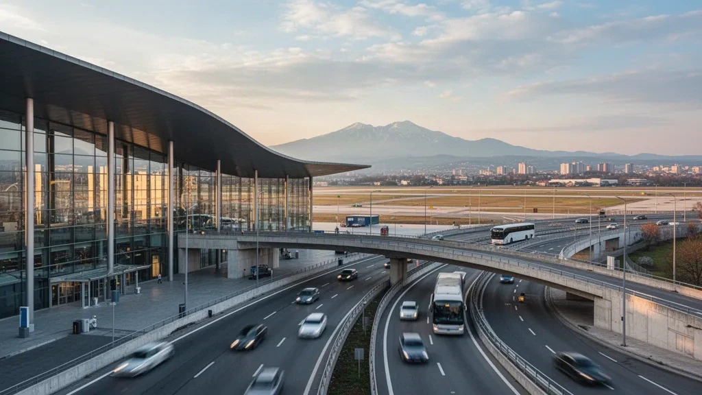 Moderne Glasfassade des Terminals und Bringspuren am Flughafen Sofia in Bulgarien im Licht der goldenen Stunde