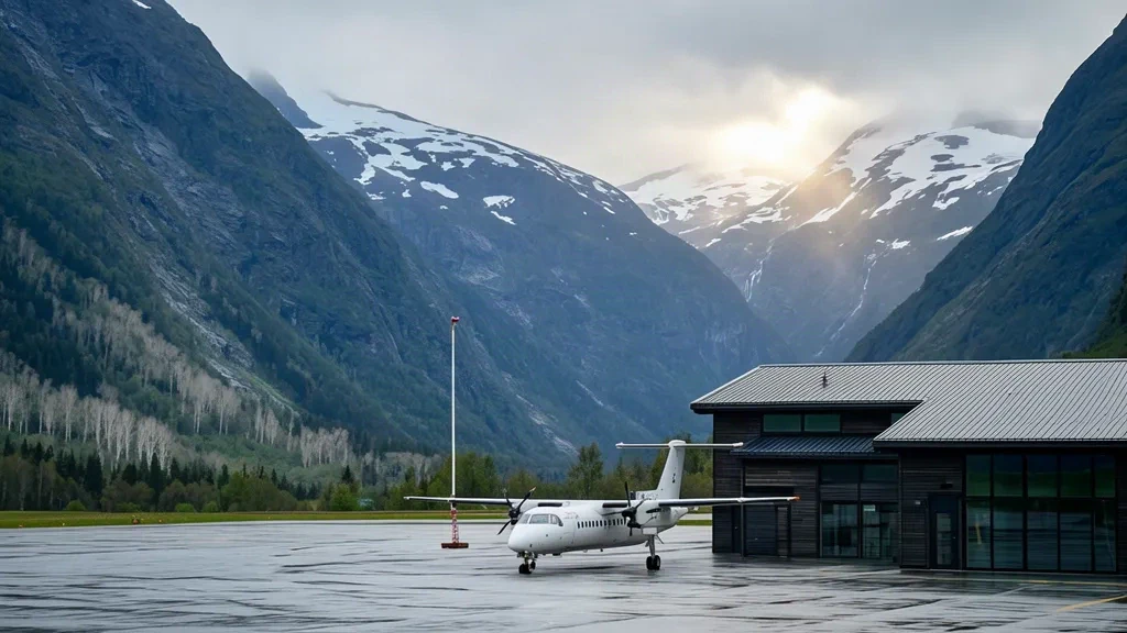 Terminal and apron at Sogndal Airport, Haukåsen in Norway, with a turboprop beneath steep snow-dusted mountains above the fjord valley