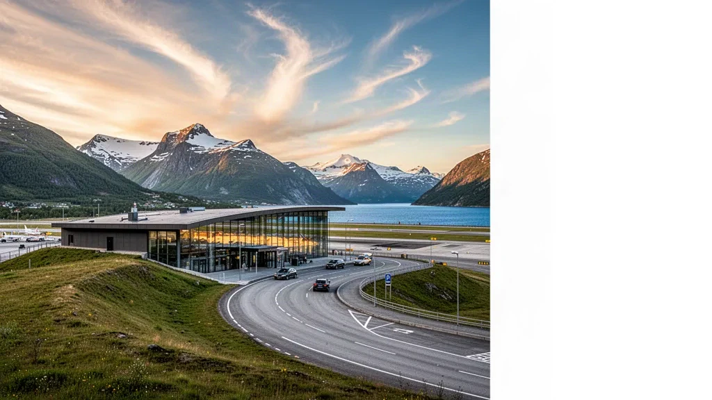 Modernes Glas-Terminal am Flughafen Sogndal, Haukåsen, mit einer Vorfahrtspur, Landebahn und schneebedeckten Bergen im Licht der goldenen Stunde.