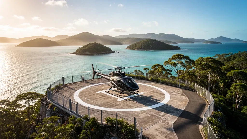 Whitsundays'deki South Molle Island Helipad, altın saatte turkuaz Mercan Denizi sularının üzerindeki pistte bir helikopterle.