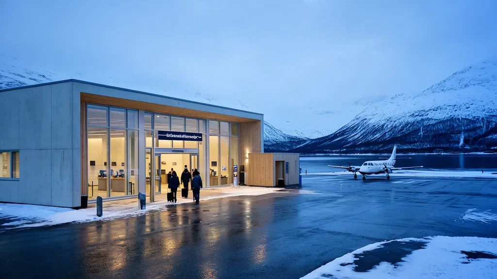 Sørkjosen Airport SOJ terminal exterior in Arctic Norway, with winter travelers, snowy mountains and fjord under blue-hour light.